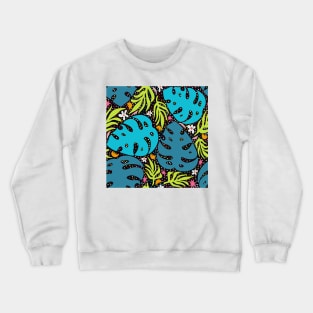 Jungle leaves and flowers abstract repeat pattern on black Crewneck Sweatshirt